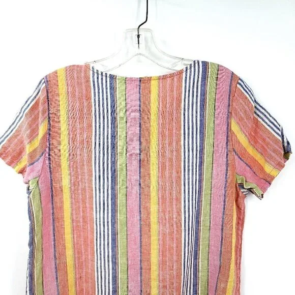 C&C California Colorful Striped Summer Top Round Neck  100% Linen Light Shirt - Picture 9 of 11